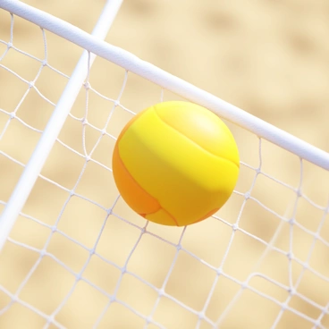 A close-up view of a volleyball net with white mesh, showing the intricate weave of the threads. A brightly colored volleyball is positioned in mid-air, just about to make contact with the top of the net. The image captures the tension in the net as it stretches slightly under the imminent impact of the ball. The scene is well-lit, highlighting the texture of the net and the smooth surface of the volleyball, with a blurred background suggestive of a sandy beach court.