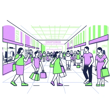 A large indoor shopping mall is bustling with activity. Shoppers of various ages are seen carrying numerous colorful shopping bags. Some shoppers are walking together, engaging in conversation, while others are focused on their purchases. Bright lights illuminate the expansive space, casting reflections off polished floors. In the background, there are various store displays showcasing merchandise, and a few benches provide resting spots for tired shoppers. Large windows allow natural light to filter in, creating a lively atmosphere.