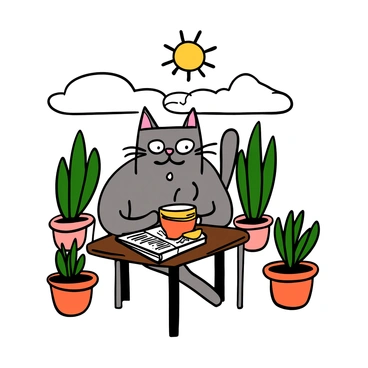 A grumpy gray tabby cat with large expressive eyes is sitting at a small cafe table. The cat is looking discontentedly at a steaming cup of coffee placed in front of it. There is a folded newspaper beside the cup, with the headlines visible. The table is set outdoors, surrounded by potted plants and a sunny sky above. The cat's ears are slightly flattened, and its paws are resting on the edge of the table, creating a scene of a feline enjoying a solitary moment.