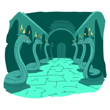 A teal underground chamber is illuminated by flickering torchlight, casting dramatic shadows on the walls. Majestic stone snake statues are lined along the sides of the chamber, each with intricately carved scales and fierce expressions. The eyes of the snake statues glint with a bright orange hue, reflecting the warm light from the torches. The floor is made of rough stone tiles, and the atmosphere is filled with a sense of ancient mystery.