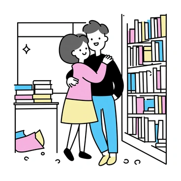 A couple embracing in a small, cozy corner of a quaint bookstore. The man is wearing a dark green sweater and blue jeans. The woman is dressed in a light pink cardigan and a cream-colored skirt. They are surrounded by bookshelves filled with various books, some stacked on a wooden table nearby. Soft light filters in from a window, casting a warm glow over the scene. A few scattered cushions are placed on the floor, adding to the inviting atmosphere.