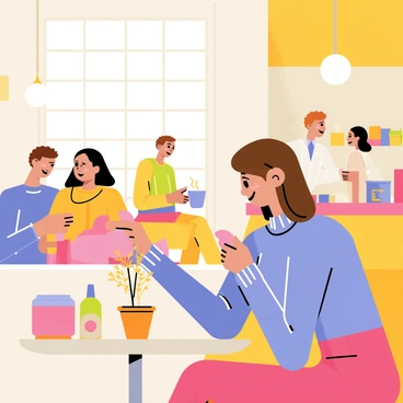 A bustling cafe scene filled with lively patrons and colorful decor. In the foreground, "Marianne" is sitting at a small round table by the window, holding a steaming cup of coffee with a content smile on her face. She has medium-length brown hair and is wearing a cozy, light blue sweater. Sunlight streams through the window, casting warm light on her table adorned with a small vase of fresh flowers. In the background, other customers are chatting animatedly, and a barista can be seen preparing drinks at the counter, enhancing the vibrant atmosphere of the cafe.