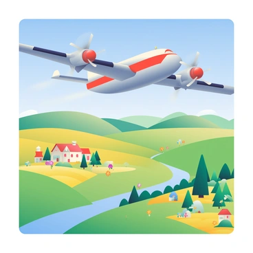 An old-fashioned propeller airliner with a glossy silver body and red accents is soaring through a bright blue sky. The aircraft has two large, spinning propellers on each wing, casting shadows on the surface. Below, a picturesque countryside unfolds, featuring rolling green hills and fields dotted with colorful wildflowers. Small patches of golden farmland can be seen, along with a few rustic farmhouses with red roofs. A winding river snakes through the landscape, reflecting the sunlight, while a sparse cluster of trees provides contrast against the vibrant fields.