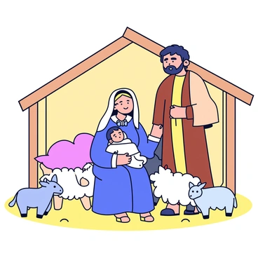 A minimalistic cartoon illustration of the Holy Family. Mary is seated, wearing a simple blue robe, with her head covered by a light-colored veil. She is holding the infant Jesus, who is wrapped in a soft white cloth. Joseph stands beside them, dressed in a brown tunic with a beige shawl draped over his shoulders. The setting consists of a small, modest stable with wooden beams and a hay-filled floor. A few gentle animals, such as a donkey and a sheep, are present nearby. The atmosphere is calm and simple, emphasizing the family’s unity and love.