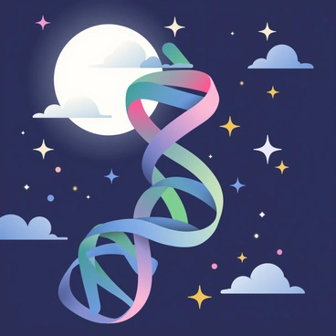 A colorful double helix structure is winding gracefully through a dark starry night sky. The helix features vibrant hues of blue, pink, and green, with a glossy appearance. Stars of various sizes and brightness levels are scattered across the background, twinkling against the deep navy blue of the night. A large, full moon is positioned to one side, casting a soft glow that highlights the curves of the double helix. Wispy clouds drift gently through the scene, partially obscuring some of the stars.