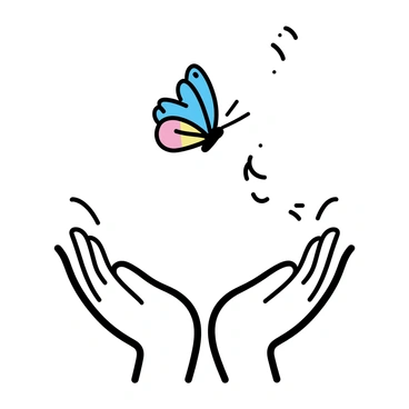 Two hands, open and gently cupped, are positioned against a soft background. The hands are slightly weathered with light skin tone, showcasing intricate details like lines and subtle textures. A vibrant butterfly, displaying an array of colors in its wings—blues, yellows, and reds—flutters delicately as it begins to take flight. The butterfly appears to be ascending into the open air, with a few soft, blurred lines indicating its movement. There are hints of light reflecting off the butterfly's iridescent wings, emphasizing its beauty and grace as it moves upward.