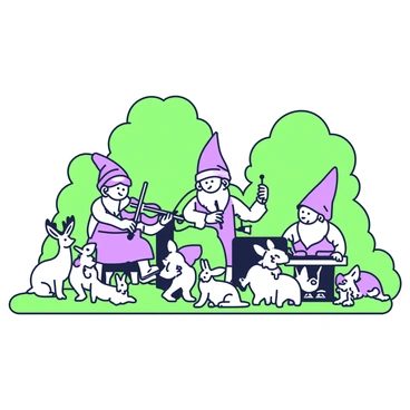 A group of gnomes is gathered in a clearing in the forest, each playing classical instruments. One gnome is playing a violin, with a focused expression, while another is seated at a small piano. A third gnome is conducting the ensemble with lively movements. Surrounding them are various forest animals, including a deer, a rabbit, and several birds, sitting attentively, as if captivated by the music. The trees in the background are tall and lush, creating a natural frame for the scene. The gnomes are dressed in colorful clothing, adding a whimsical touch to the performance.