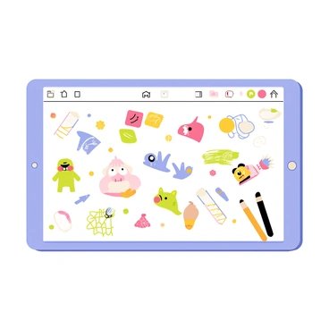 A digital sketchbook screen displaying an array of colorful doodles and creative designs. The sketchbook has a white background, with various drawings in vibrant colors, including whimsical characters, abstract shapes, and intricate patterns. Some doodles feature cartoon animals and playful objects, while others showcase imaginative landscapes. The interface of Krita is visible on the edges of the screen, with tool options and brushes neatly arranged. The overall atmosphere conveys a sense of artistic creativity and exploration.