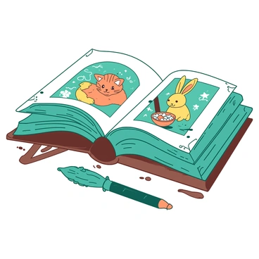 A teal grimoire lies open on a wooden table, showcasing pages filled with intricate illustrations of cute animals. One page features a vibrant orange cat with large, expressive eyes, surrounded by swirling magical symbols. Another page displays a playful yellow rabbit with long ears, sitting beside a bowl of sparkling treats. The edges of the pages are adorned with delicate floral designs, enhancing the enchanting theme of the book. A small teal quill rests beside the grimoire, waiting to jot down notes about the care of magical familiars.