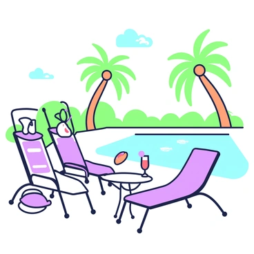 A poolside setting is depicted with several loungers arranged along the water's edge. There are two aperitifs placed on a small table beside the loungers, each served in elegant glasses with a colorful garnish. The water of the pool is clear and shimmering under the bright sunshine. In the background, there are palm trees swaying gently in the breeze, and the sky is clear with a few fluffy clouds. A sunhat rests on one of the loungers, adding to the relaxing atmosphere of the scene.