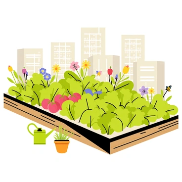 A lush rooftop garden in an urban setting with vegetables and pollinators