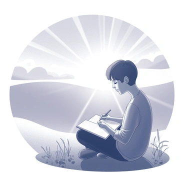 A person sitting cross-legged on the ground, with a notebook open on their lap. They are writing with a pen, focused on their journaling. The scene captures a breathtaking sunrise, with rays of light streaming through the horizon. The sky is filled with various shades of light, creating a vivid backdrop. The individual is surrounded by nature, with grass and small plants around them. Their expression reflects contemplation and peace.