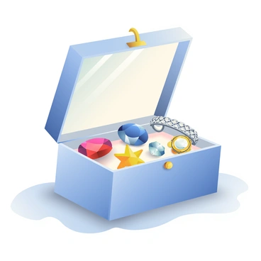An open silver jewelry box is placed on a soft, textured surface. Inside the box, there are various sparkling gems, including a deep blue sapphire, a vibrant red ruby, and a clear diamond. The trinkets include a delicate silver bracelet with intricate designs, a pair of gold earrings shaped like stars, and a small, ornate locket. The sunlight catches the gems, creating reflections and highlighting their brilliance. The lid of the jewelry box is propped open, revealing the treasures inside.