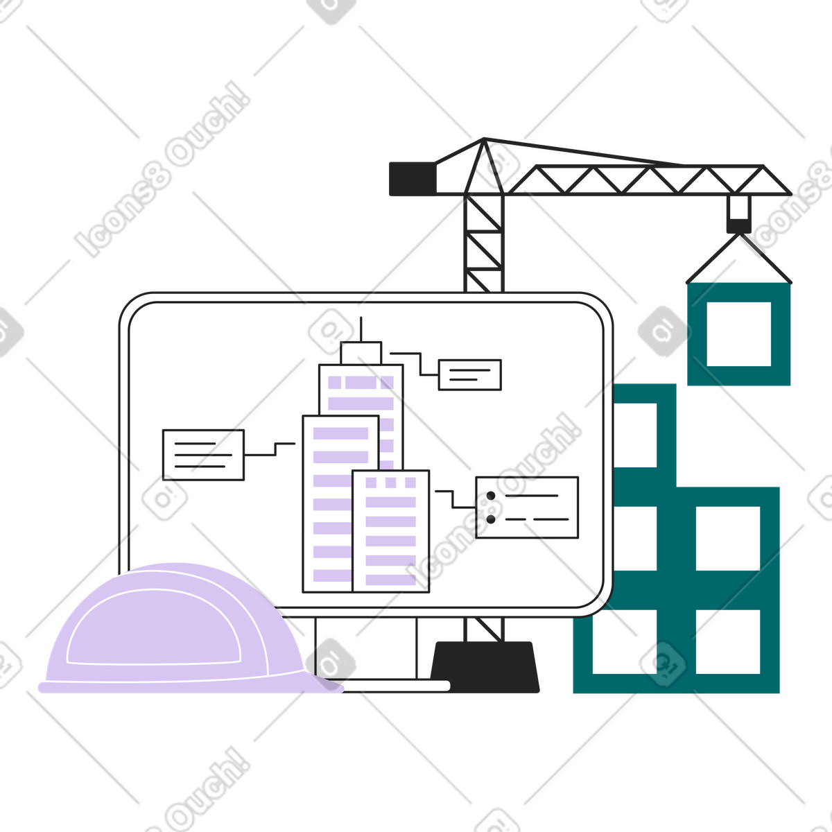 Illustration Construction de bâtiment et plan sur ordinateur dans le style Sammy Line à télécharger aux formats PNG, SVG