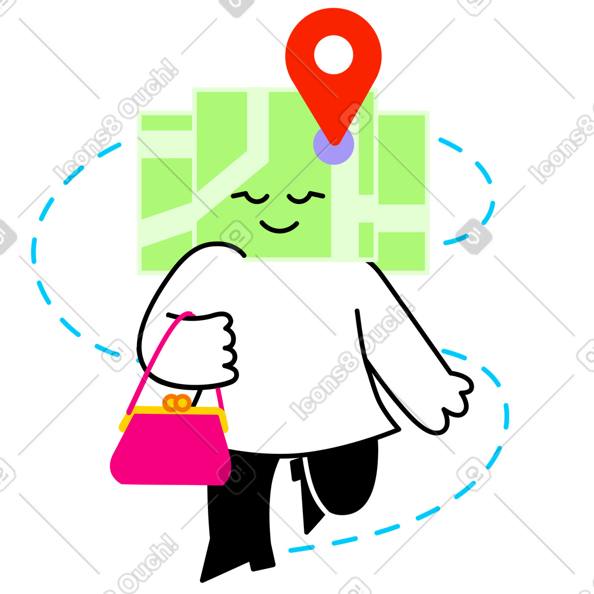 Illustration Personnage avec tête de carte et géolocalisation allant quelque part dans le style Giggle à télécharger aux formats PNG, SVG