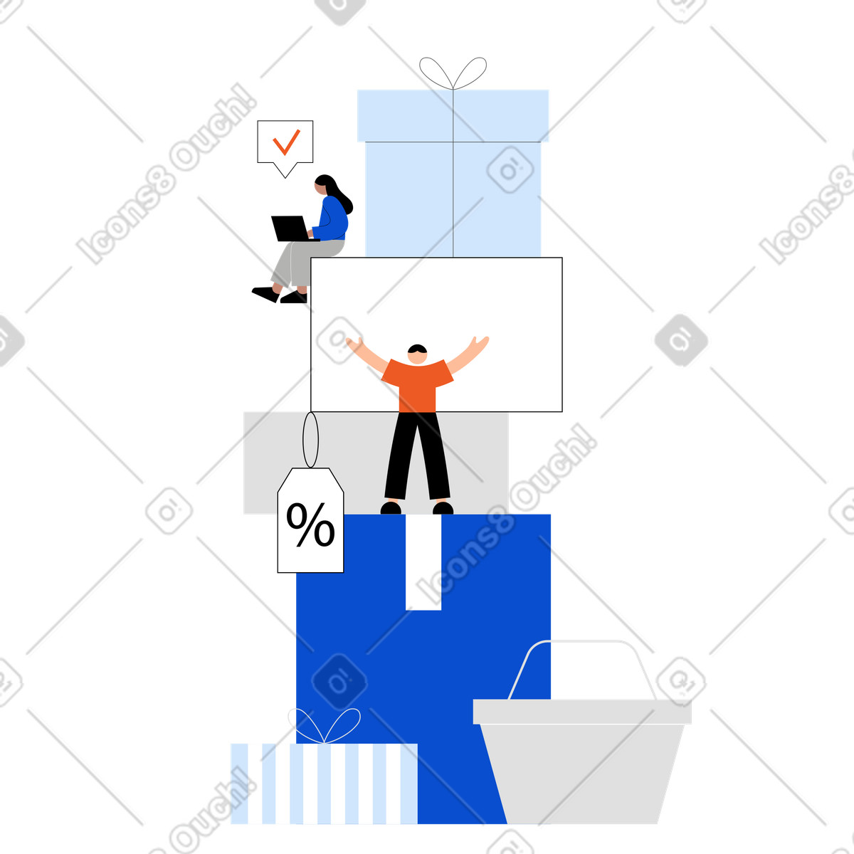 Illustration Des gens heureux faisant du shopping en vente dans le style Tiny à télécharger aux formats PNG, SVG