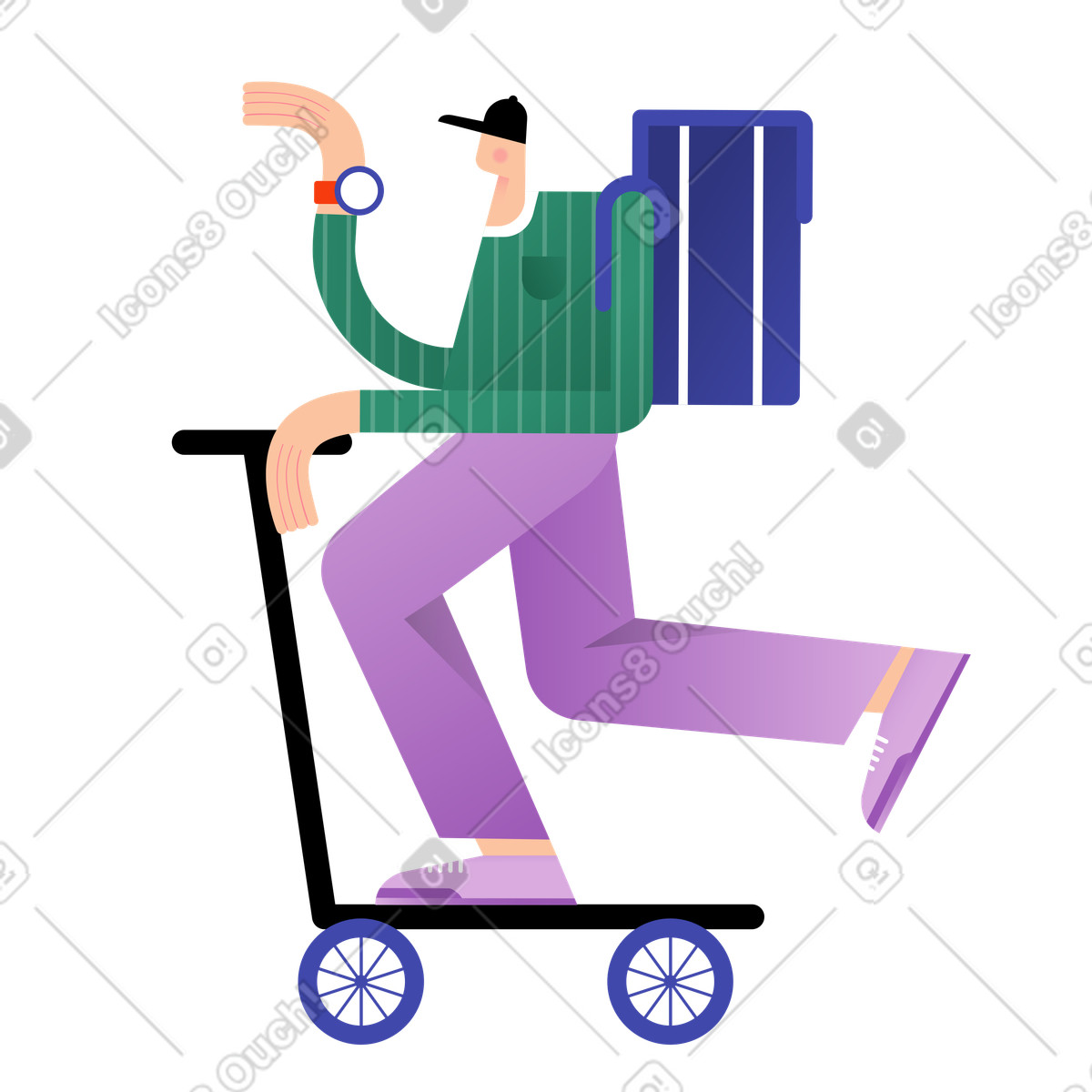 Ilustração de Delivery worker riding scooter with backpack, Fast food and parcel em no estilo Wavy para baixar em PNG, SVG