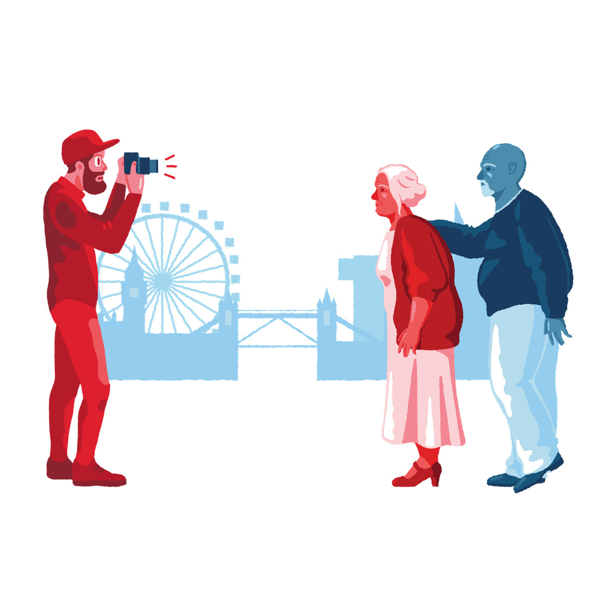 Illustration Old couple posing for a family photo with city in the background dans le style Cherry à télécharger aux formats PNG, SVG