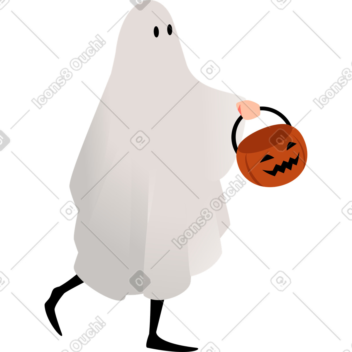 Ilustración Mujer disfrazada de fantasma con una bolsa forma calabaza en estilo Vivid a descargar en PNG y SVG