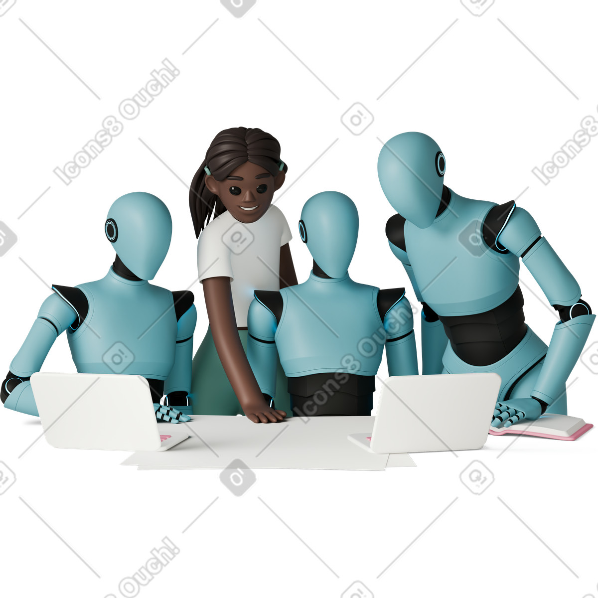 Human with AI robots working together illustration in 3D Casual life style download in PNG, SVG