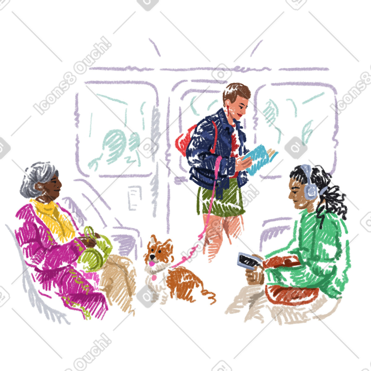 People riding in a subway car illustrazione stile Sketchbook scarica PNG, SVG