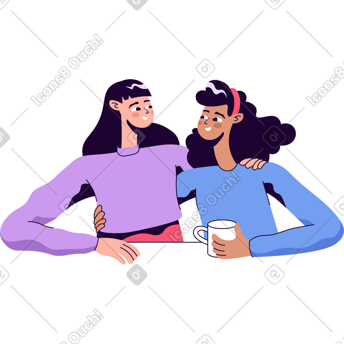 Two friends hugging illustration clipart showcasing warmth and connection in PNG SVG
