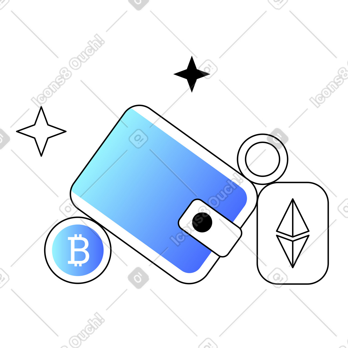 Virtual wallet with cryptocurrency, bitcoin, ethereum illustration in PNG, SVG