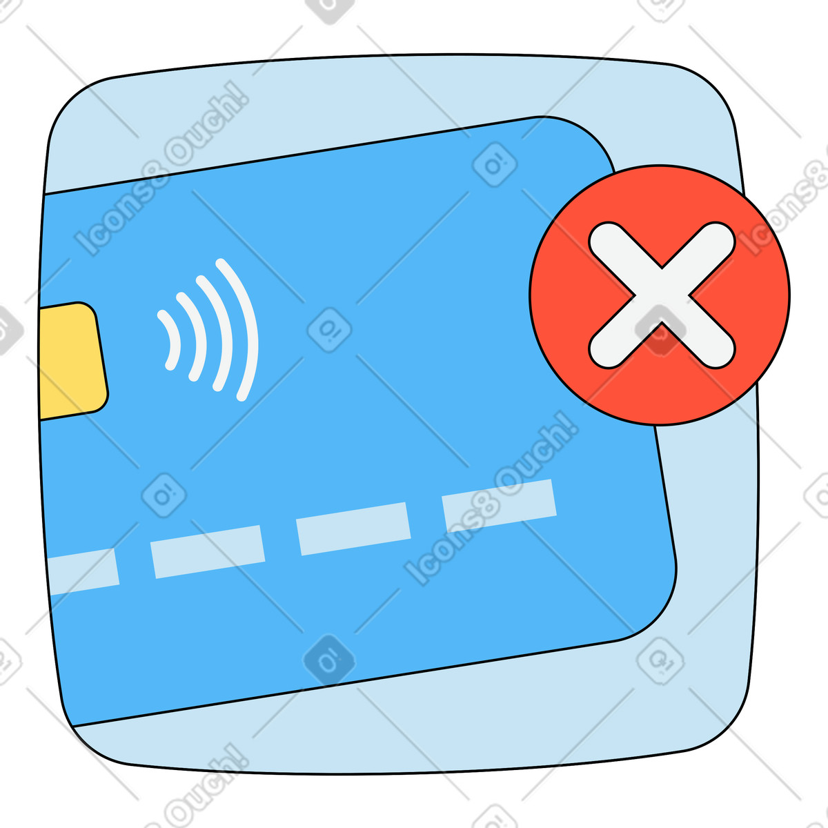 Kindy スタイルの Contactless bank card with error cross, Transaction failure and payment declined のイラストをPNG、SVG形式でダウンロード