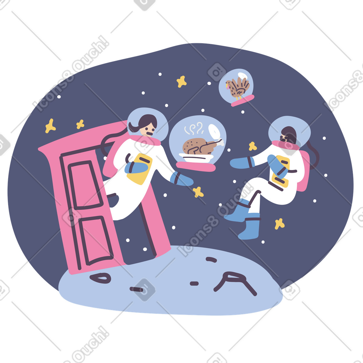 Astronauts celebrating thanksgiving in space illustration in Pluto style download in PNG, SVG