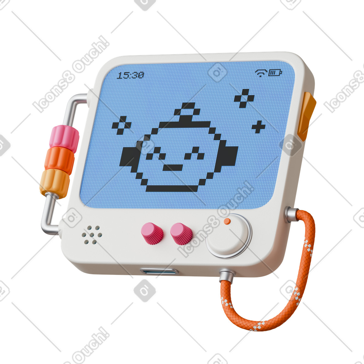 Retro tablet with pixel AI chatbot illustration in 3D Stickle style download in PNG, SVG