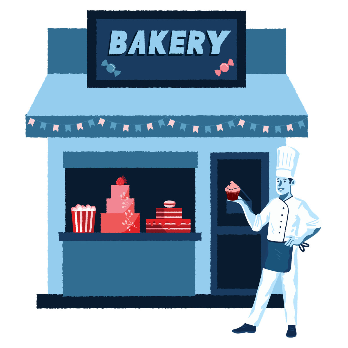 Cherry スタイルの Pastry chef standing near bakery のイラストをPNG、SVG形式でダウンロード