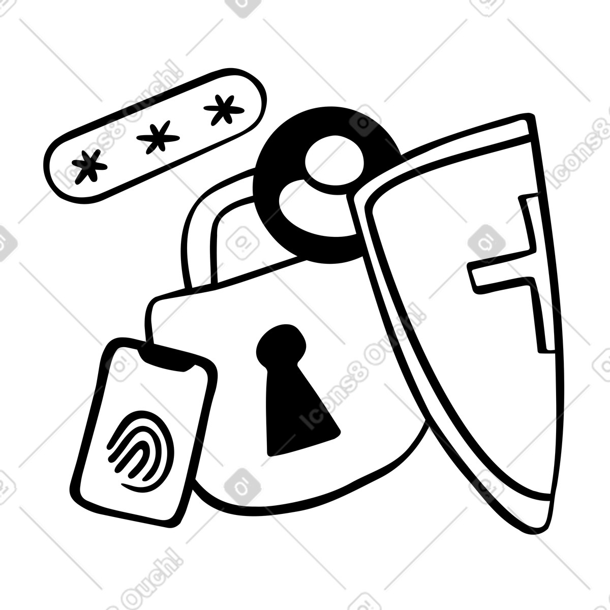 Cybersecurity with shield and fingerprint verification animated illustration in Journal style download in GIF, Lottie (JSON), AE