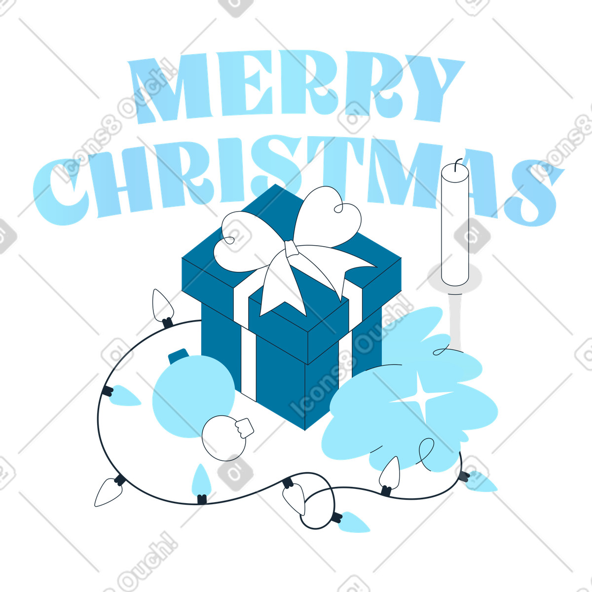 Merry Christmas text with present and festive decorations, Holiday season greetings illustration in Indigo style download in PNG, SVG