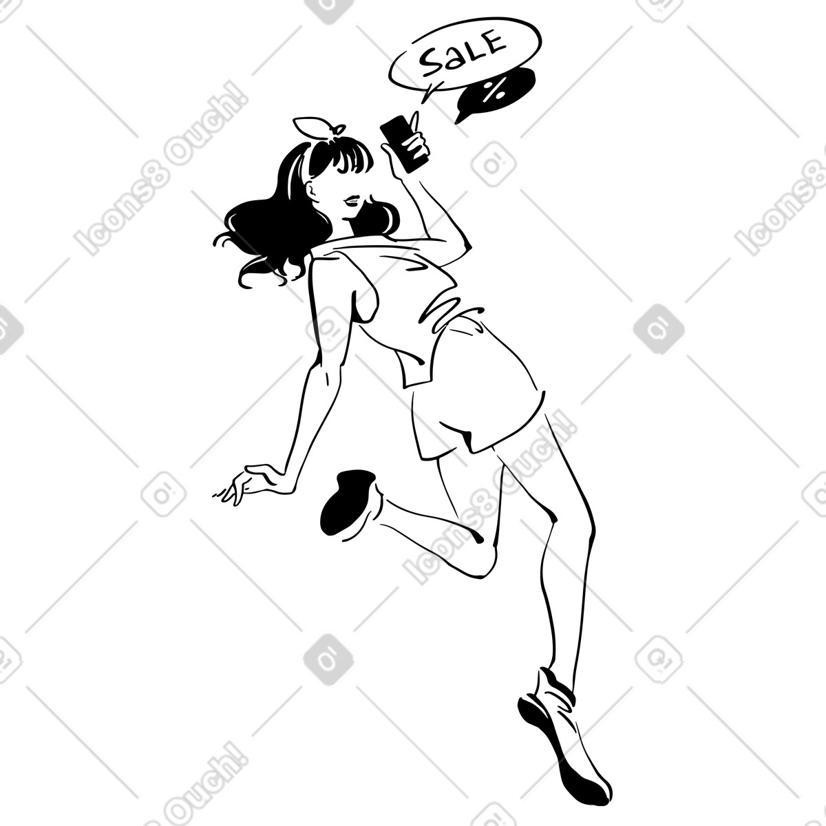 Frau mit smartphone freut sich über verkauf-Illustration im Line-Stil als Download in PNG, SVG