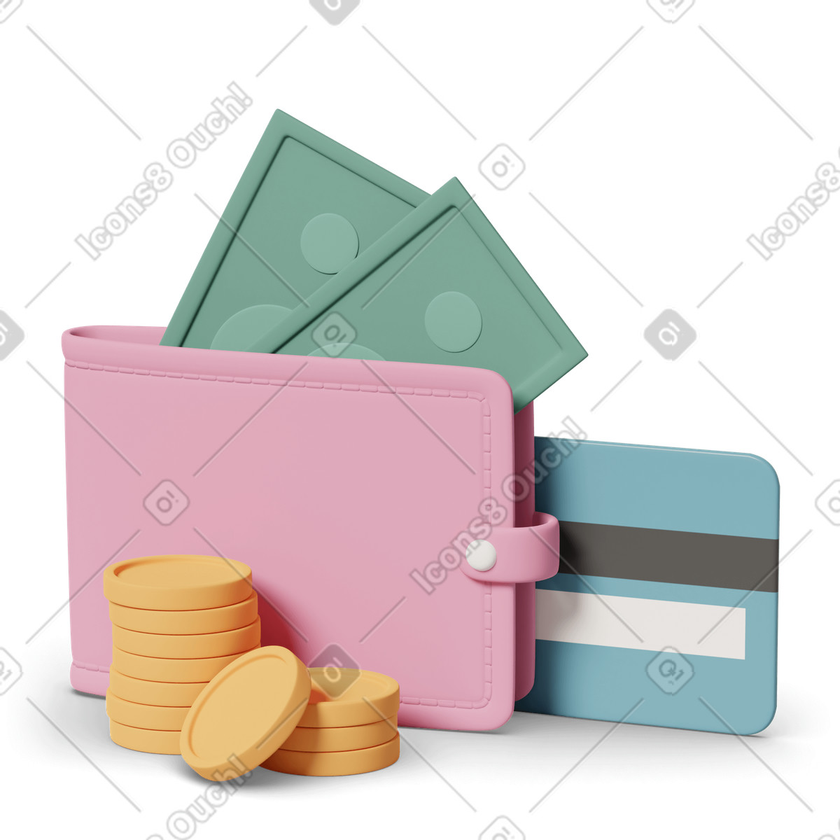 下载 3D Casual life 风格的 Wallet with banknots credit card and coins 插画，支持 PNG、SVG 格式