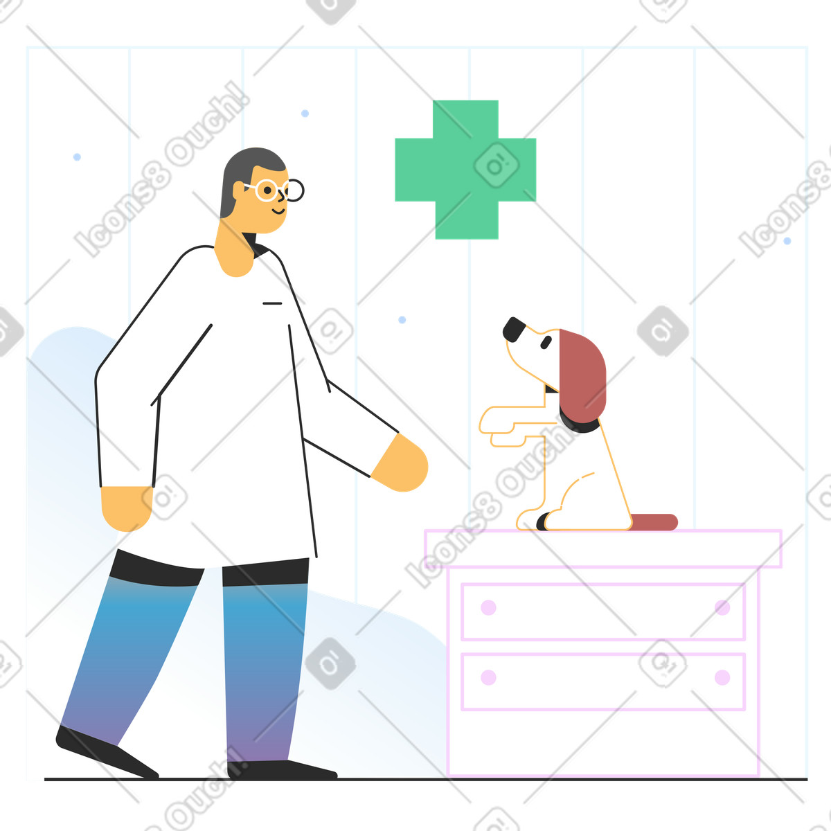 Illustration Vétérinaire traitant un chien dans une clinique le style Marginalia à télécharger aux formats PNG, SVG