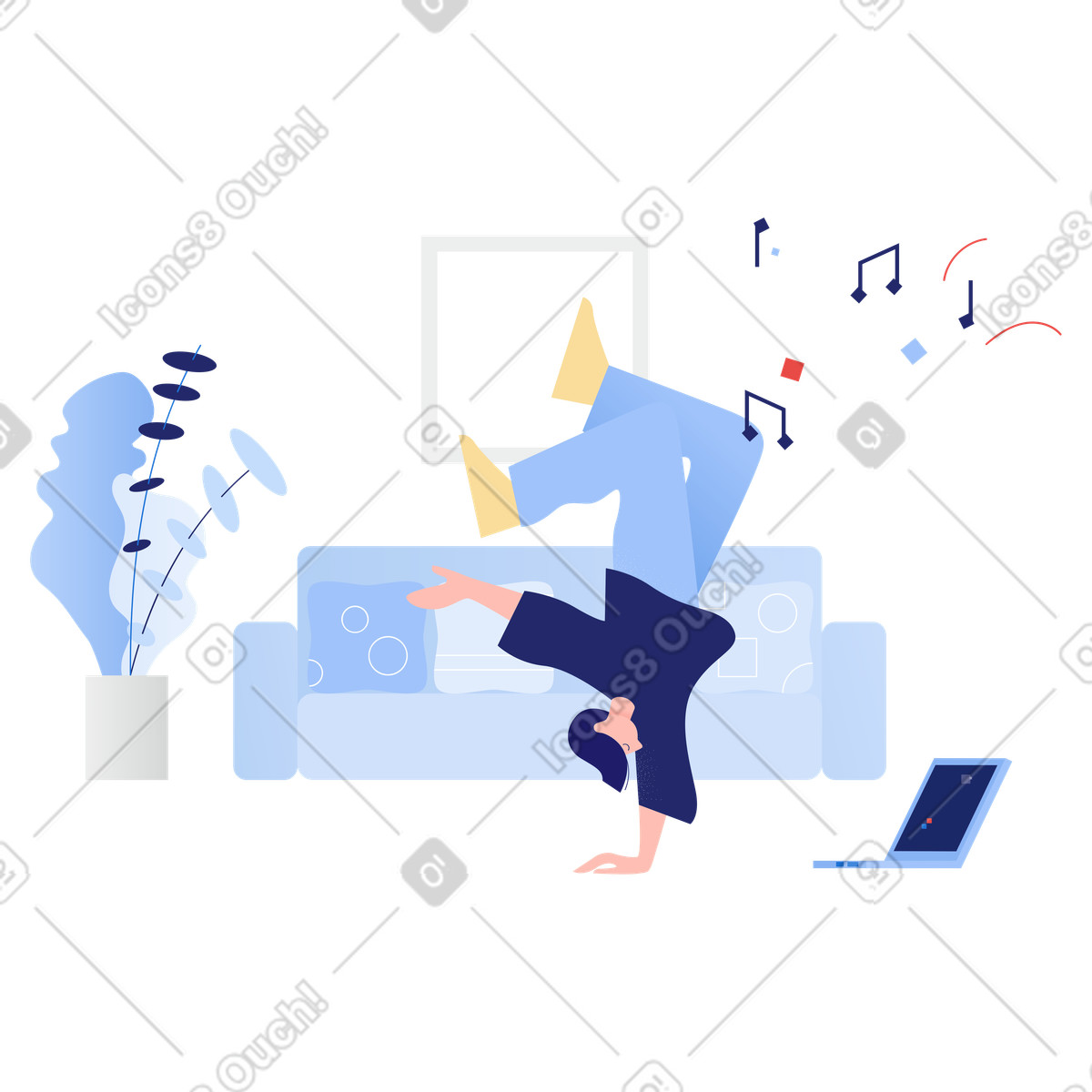Illustration Danser devant l'ordinateur portable dans le style Clip à télécharger aux formats PNG, SVG