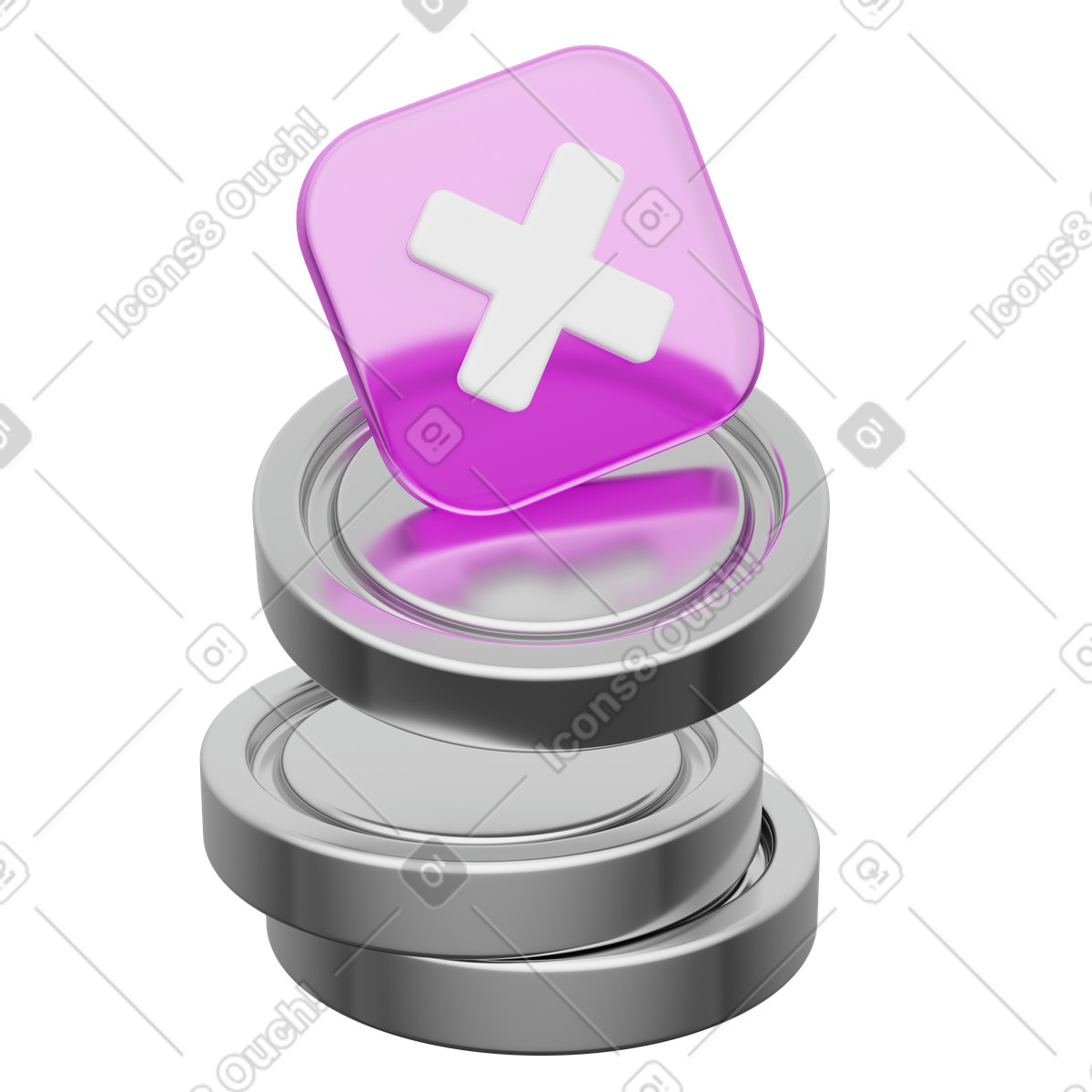 Illustration Icône de paiement refusé, croix rose sur des pièces empilées, transaction échouée dans le style 3D Playful à télécharger aux formats PNG, SVG