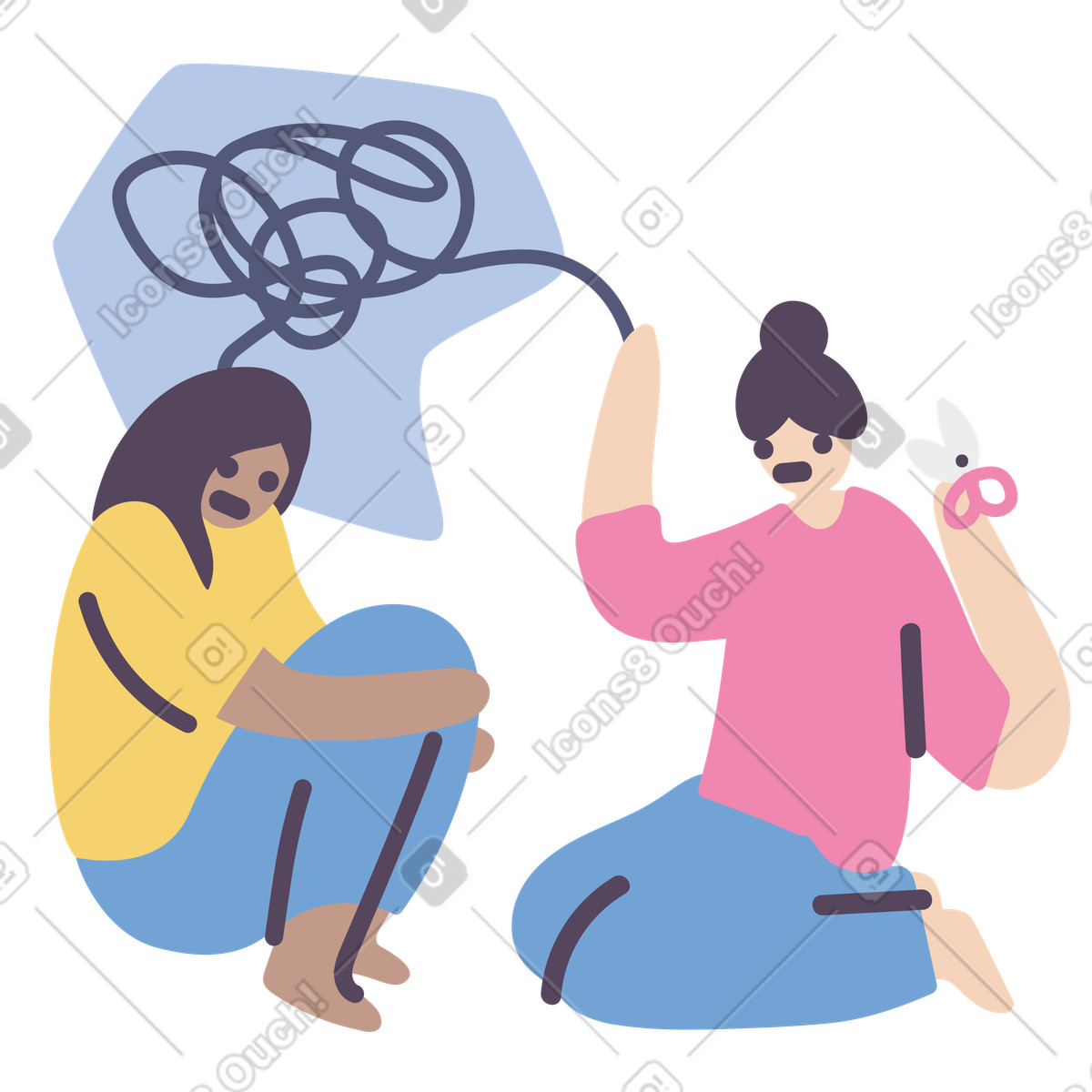 Sad woman with a tangle of confused thoughts over her head sits in front scissors ready to help illustration Pluto style download PNG, SVG