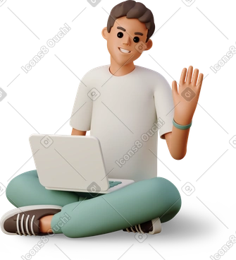 Young man sitting with laptop and waving PNG, SVG