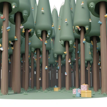 A dense forest filled with tall trees, their trunks sturdy and textured in rich browns and greens. Instead of leaves, each tree is adorned with colorful birthday candles of various heights, flickering softly with small flames at the tip. The candles are bright and shiny, featuring hues of red, blue, yellow, and green. Sparse patches of grass cover the forest floor, while rays of sunlight filter through the branches, illuminating the unique scene. The air carries a hint of celebration, as a few scattered gifts wrapped in shiny paper are visible among the trees, adding to the festive atmosphere.