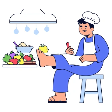 A home cook taking a break is seated on a stool in the kitchen. The cook is wearing a white apron and has a playful expression while a foot massage is being given. The kitchen is filled with various ingredients, including colorful vegetables like tomatoes, bell peppers, and herbs scattered on the countertop. A wooden cutting board sits nearby, with a knife resting beside it. A bowl filled with dough is also present on the counter. Bright light illuminates the kitchen, enhancing the lively atmosphere.
