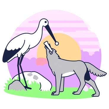 A crane stands next to a wolf, using its long beak to assist in removing a bone from the wolf's throat. The wolf has a sleek, grey coat and looks alert as the crane carefully works on its behalf. The background features a sunset sky filled with layers of light, transitioning from deep shades to soft pastel tones. The scene is set in a natural environment where grass and small rocks are visible around the animals.