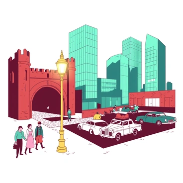 A street view with elements from different historical periods layered together