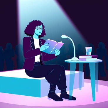 An author with medium skin and curly hair is sitting on a sleek, modern stage under a bright spotlight. They are holding an open book in their hands, reading intently from their latest novel. The author is wearing a tailored black blazer over a white shirt, with a pair of stylish glasses perched on their nose. There is an audience in the darkened background, silently captivated by the reading. A sleek microphone is positioned in front of the author, and a small table beside them holds a glass of water and a stack of books for signing.