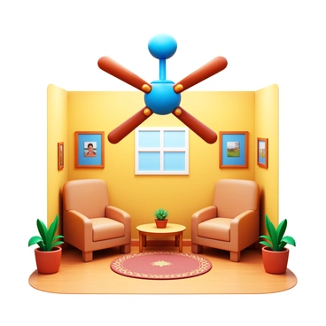 A vintage blue ceiling fan with ornate wooden blades spinning in a cozy room. The room features warm, inviting colors with soft lighting. There are plush armchairs in a corner and a small wooden coffee table beneath the fan. A patterned rug covers the wooden floor, and there are potted plants adding a touch of greenery to the space. The walls are adorned with framed photographs and the overall atmosphere is relaxed and comfortable.