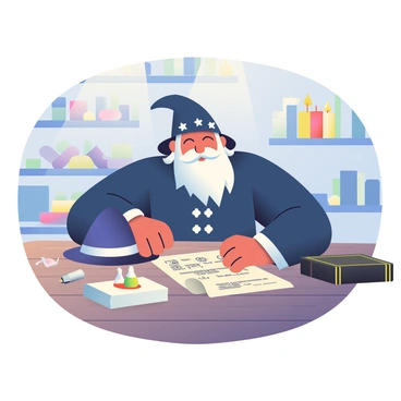 A sorcerer with a long white beard is seated at a wooden table, deeply engrossed in an ancient scroll. The scroll is unrolled, revealing intricate symbols and drawings. The sorcerer is wearing a dark blue robe adorned with silver stars and has a pointed hat resting on the table beside him. Flickering candlelight casts warm glows across the room, illuminating the scroll and creating soft shadows. On the table, there are several small crystal vials filled with colorful liquids, and a heavy book with a leather cover is partially open next to the scroll. The walls are lined with shelves filled with mystical artifacts and books.