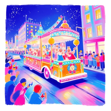 A festive holiday float is moving down a parade route. The float is adorned with colorful lights that twinkle brightly against the night sky. There are various holiday decorations, including garlands, wreaths, and oversized ornaments, strategically placed around the float. A group of cheerful performers dressed in holiday-themed costumes is waving to the crowd from the float. Spectators line the street, some holding festive banners and others capturing the moment with cameras. The background features a few tall buildings decorated with lights, enhancing the celebratory atmosphere.