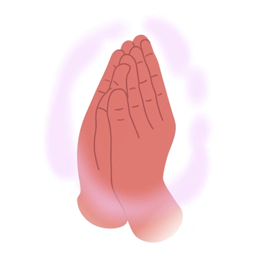 Two hands are clasped together in a prayer position. The hands are depicted with detailed texture, showing the subtle lines of the skin. Surrounding the hands is a soft, warm glow that illuminates the area, creating a gentle halo effect. The glow fades into a gradient of pastel colors, enhancing the sense of peace and tranquility in the composition. The background features a smooth gradient that transitions through soft hues, further adding to the serene atmosphere.