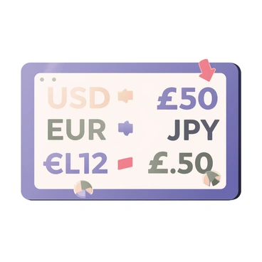 A digital flat illustration featuring a user-friendly interface displaying various currency exchange rates. The screen shows "USD", "EUR", "JPY", and other currency symbols prominently in bold text. Each currency rate is represented with numerical values in a sleek font. Animated arrows in green and red indicate upward and downward trends in exchange rates, moving dynamically next to each currency rate. A light blue background enhances the readability of the information, while small icons representing different countries are scattered around the edges of the interface.